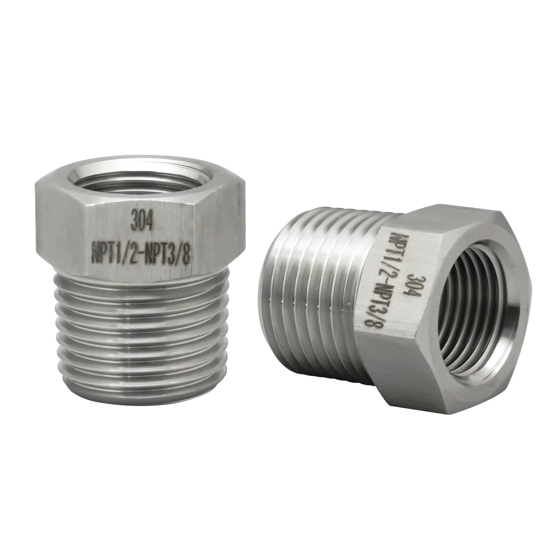 Heavy Duty Stainless Steel NPT Reducer Hex Bushing One Half Inch Male To Three Eighth Inch Female Beefy High Pressure Pipe Fitting 2900 PSI