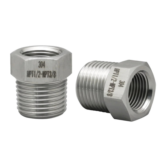 Heavy Duty Stainless Steel NPT Reducer Hex Bushing One Half Inch Male To Three Eighth Inch Female Beefy High Pressure Pipe Fitting 2900 PSI