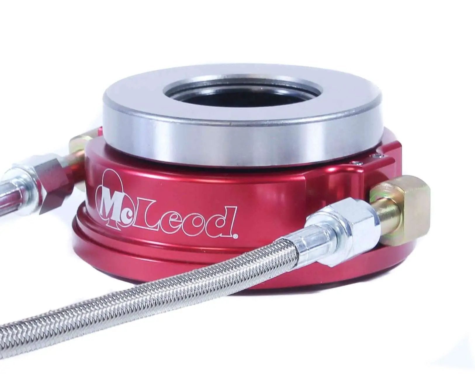 1400-20 Hydraulic Throwout Bearing For GM V8 1955 2010, red anodized billet aluminum with hydraulic line ports, close-up view