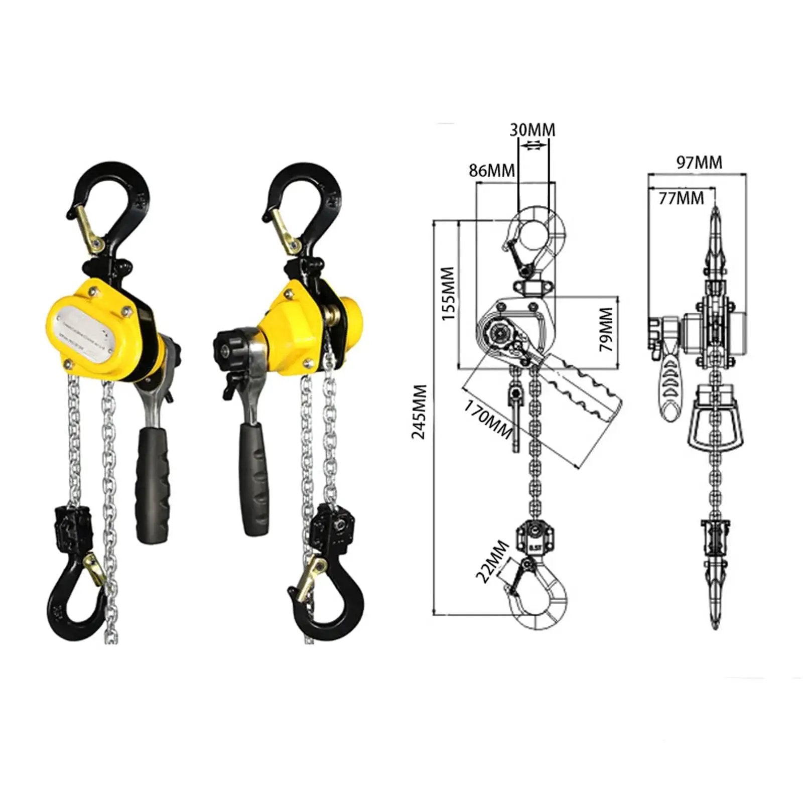 Manual Lever Chain Hoist One Quarter Ton 20 Ft Come Along With G80 Chain, diagram and front view
