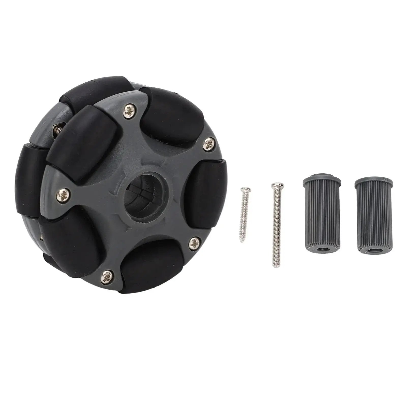 Omni Directional 58mm Plastic Wheel with double row design and screws in black and grey for robots, go karts, and ATVs.