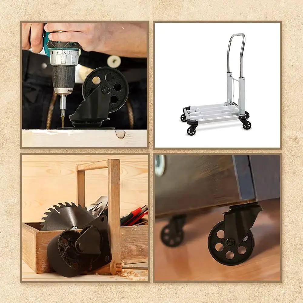 Installation of Heavy Duty Swivel Plate Caster Wheels All Black 3 Inch Wheels on industrial cart for easy mobility.