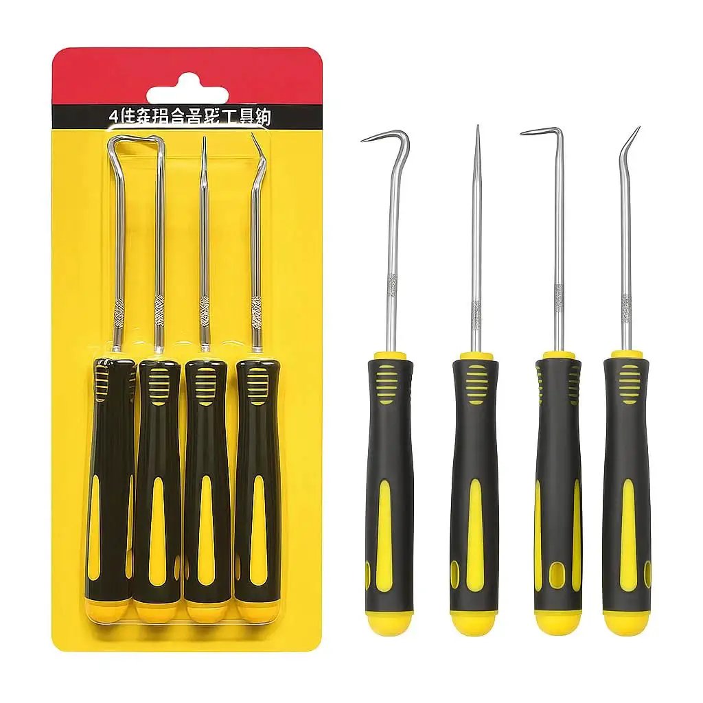 4 Piece Precision Pick And Hook Set Heavy Duty Tools With Non Slip Handles For Automotive O Ring Seal And Gasket Removal