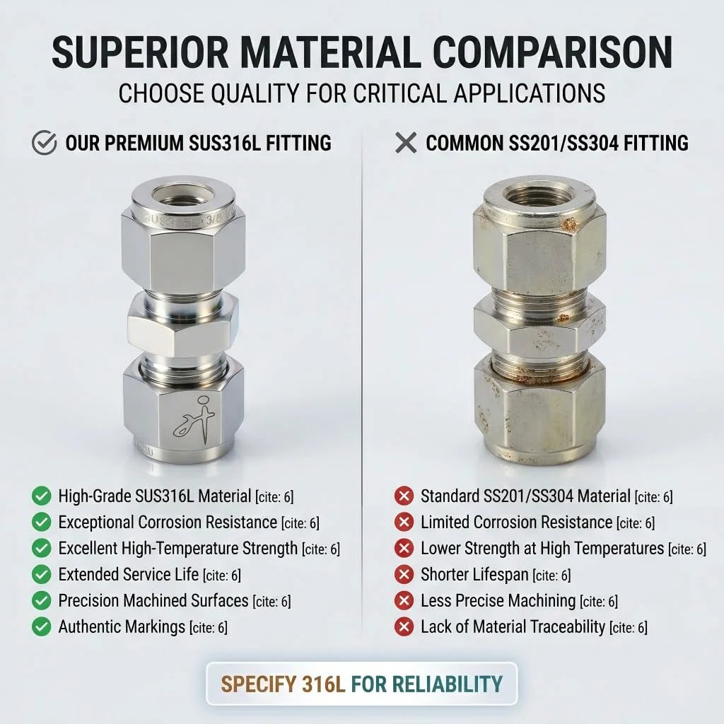 Superior material comparison of SUS316L fitting vs SS201/SS304 with focus on corrosion resistance and high-temperature strength.