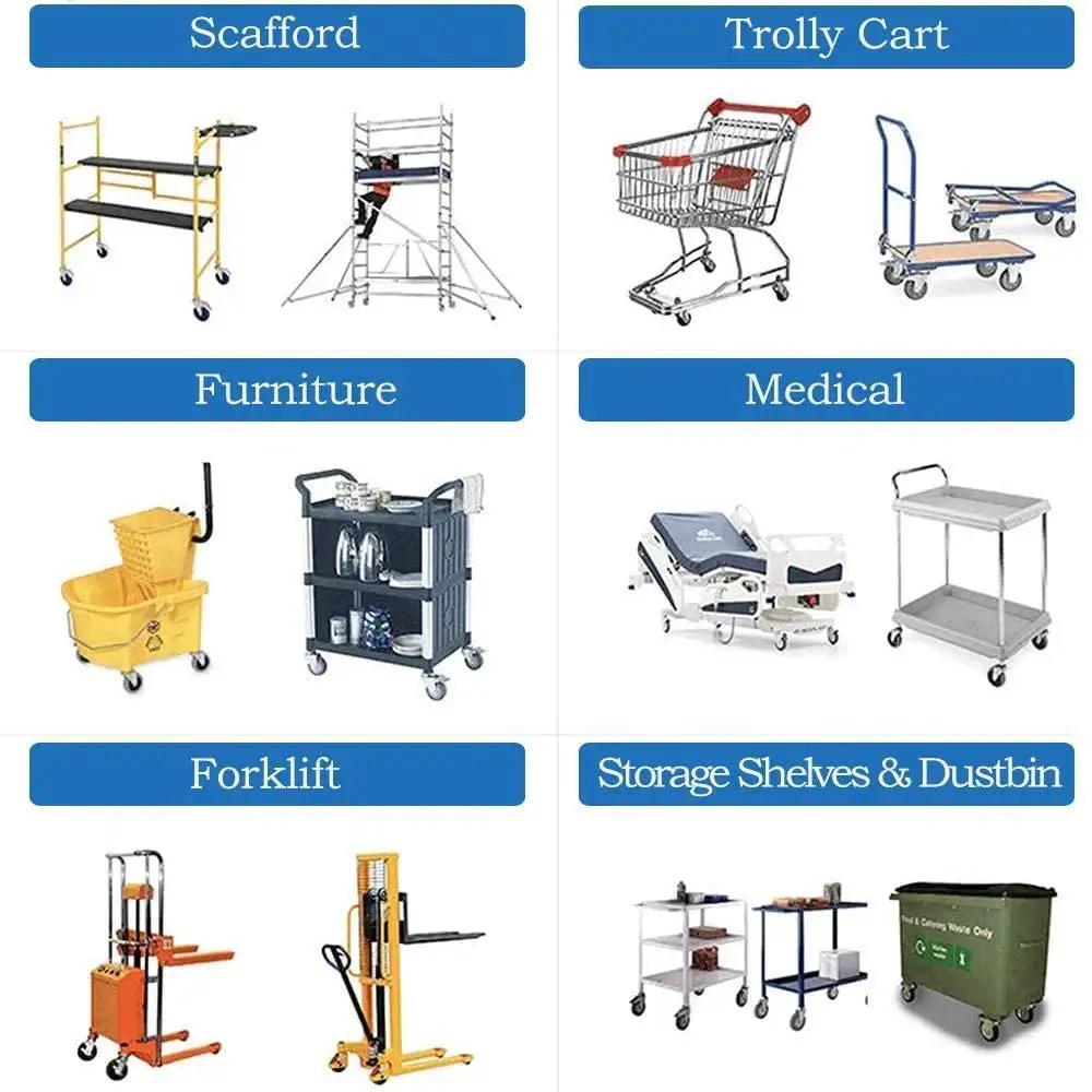 Image showcasing various items on caster wheels including scaffolds, trolly carts, furniture, medical beds, forklifts, and storage shelves.
