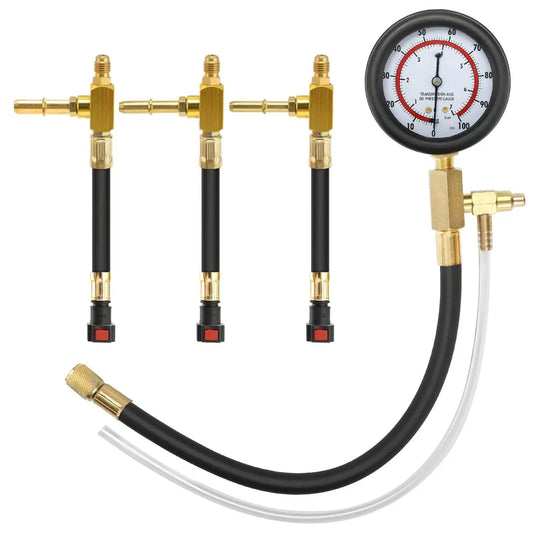 Fuel Pressure Test Kit 0 To 100 PSI With SAE Adapters For Universal Engines, featuring gauge and three adapters