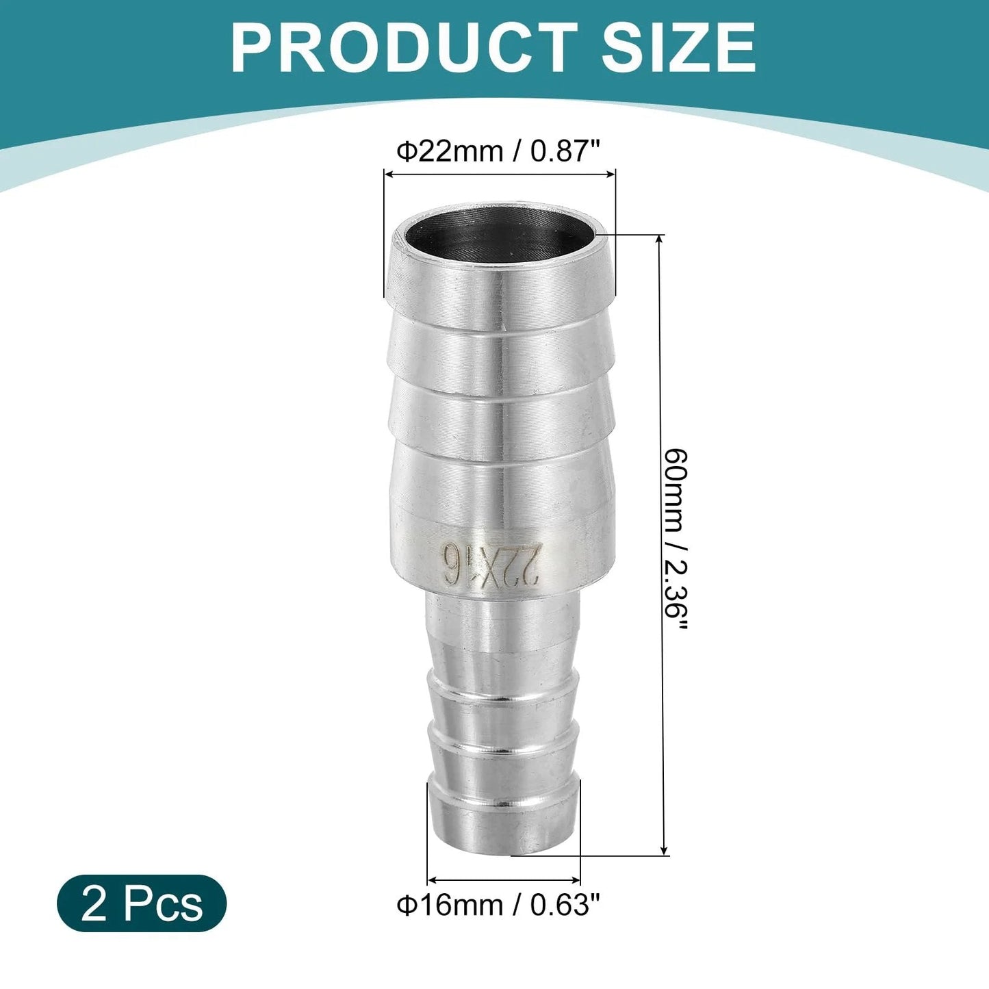 Stainless Steel Hose Barb Reducer Fittings Kit Two Pack Seven Eighths Inch To Five Eighths Inch 304 Stainless Sanitary Adapter