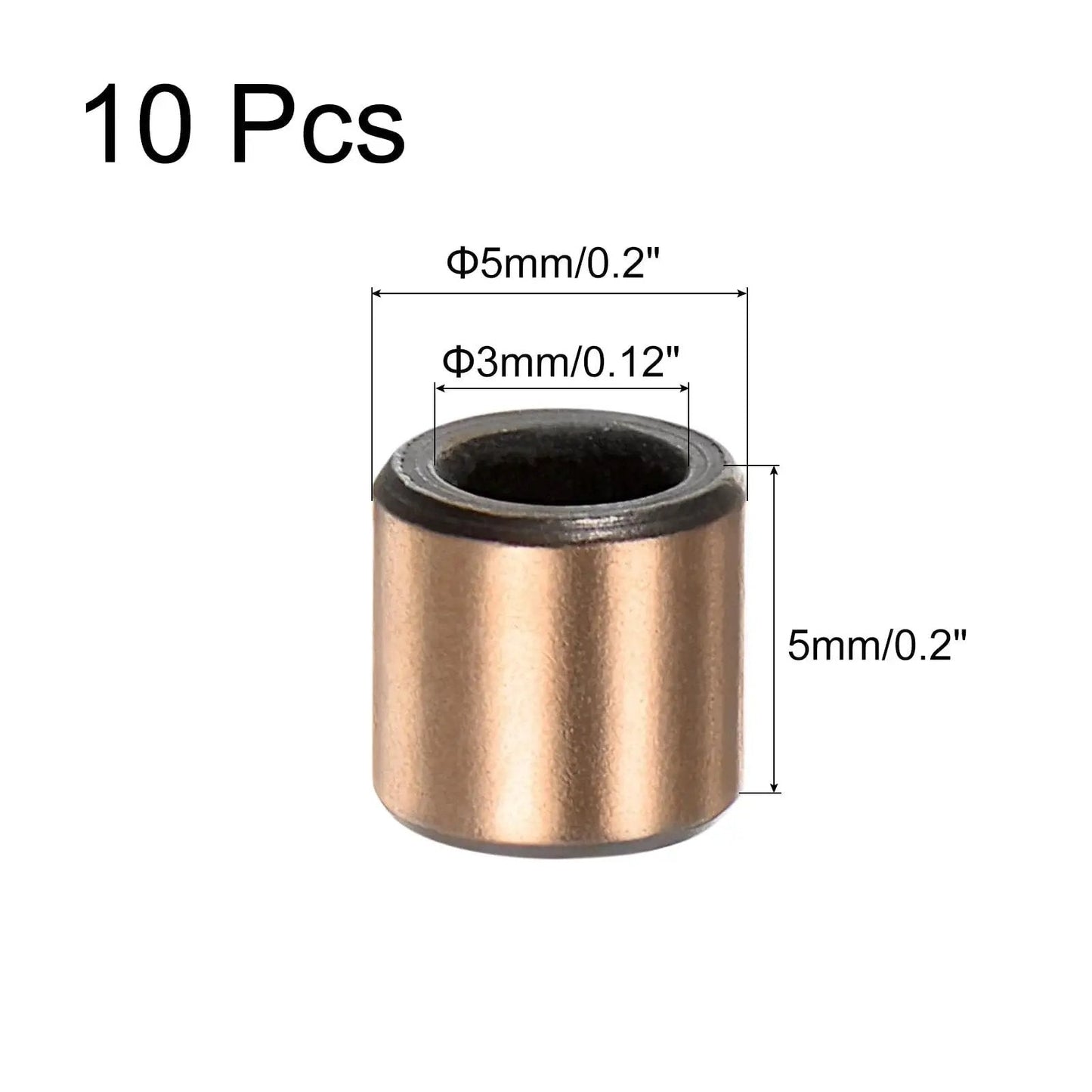 3mm Bore 5mm OD 5mm Length Sleeve Bearings Set Of 10 Oil Free Bronze Sintered Bushings with size dimensions shown