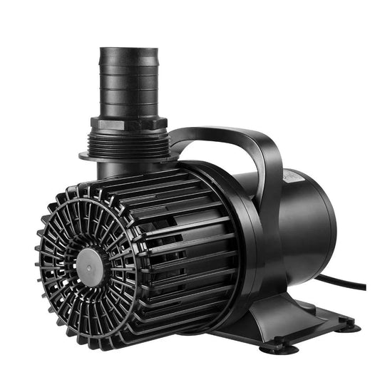 Front view of powerful workhorse submersible water pump 620W 9000 GPH for koi ponds, pools, and aquariums, black ABS build