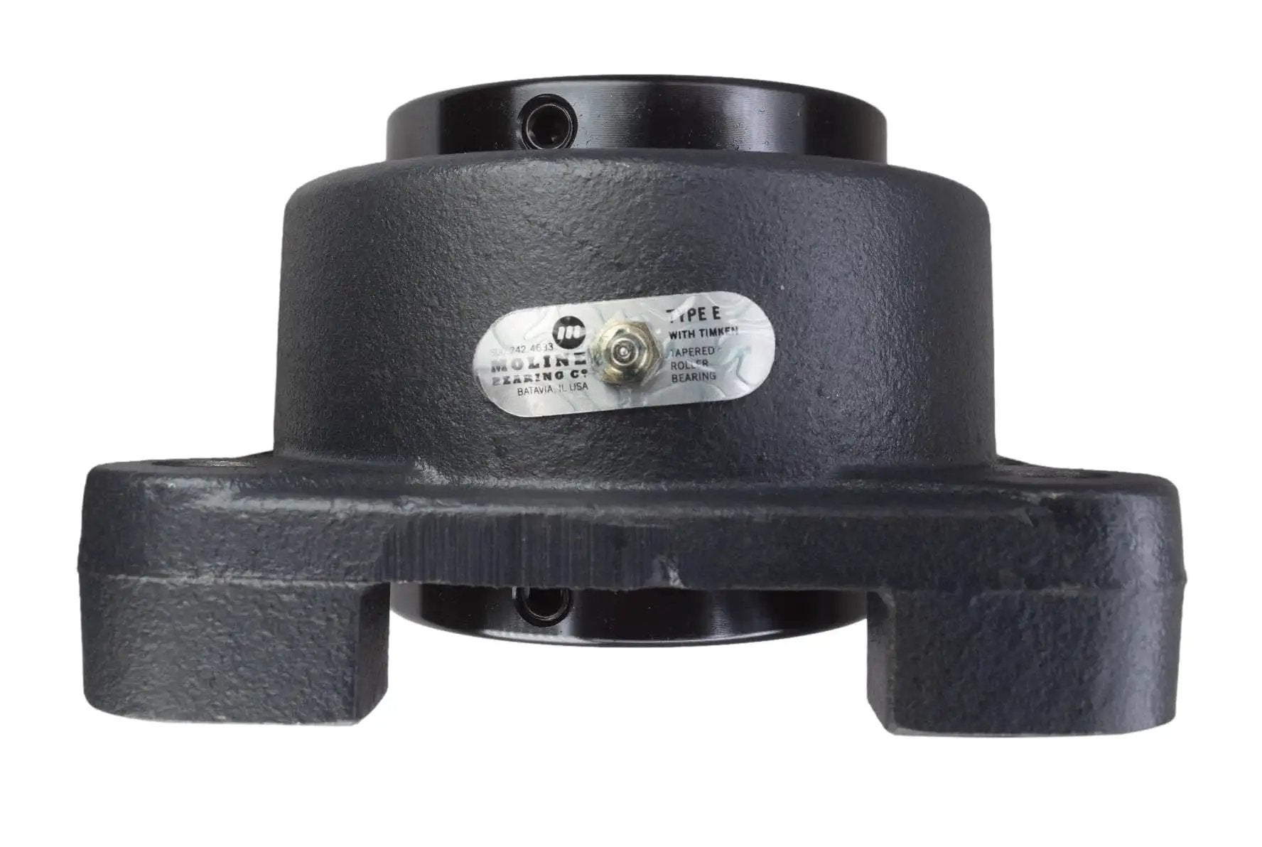 Heavy Duty 3 Inch Type E Four Bolt Flange Bearing Replaces Timken E4BF TRB 3, shown from front view in gray iron housing.