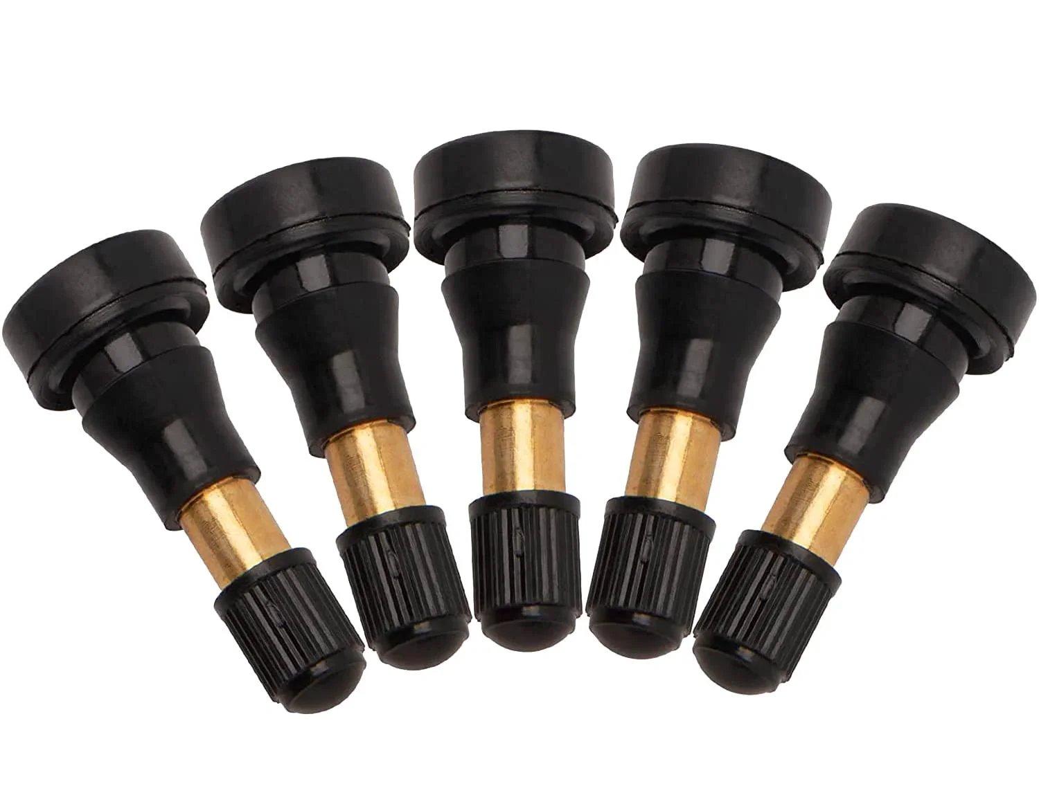 High Pressure Tire Valve Stems Heavy Duty Brass Rubber Snap In Valve Stems 100 Pack Ozone Tested And Leak Tested EPDM Rubber Brass Core Black Finish Built To Last Safe Tire System And Easy Inflation, showing black and brass valve stems