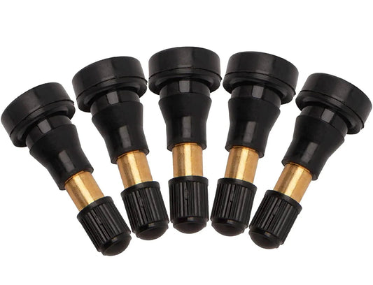 High Pressure Tire Valve Stems Heavy Duty Brass Rubber Snap In Valve Stems 100 Pack Ozone Tested And Leak Tested EPDM Rubber Brass Core Black Finish Built To Last Safe Tire System And Easy Inflation, showing black and brass valve stems