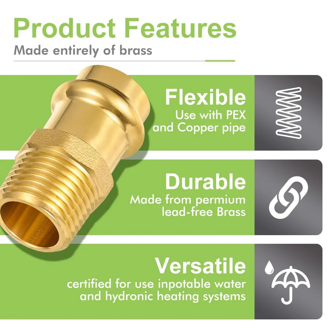 10 Pack Brass ProPress Fittings 1/2 Inch ProPress X 1/2 Inch MNPT Male Adapter Copper To NPT Pipe With EPDM O Ring features