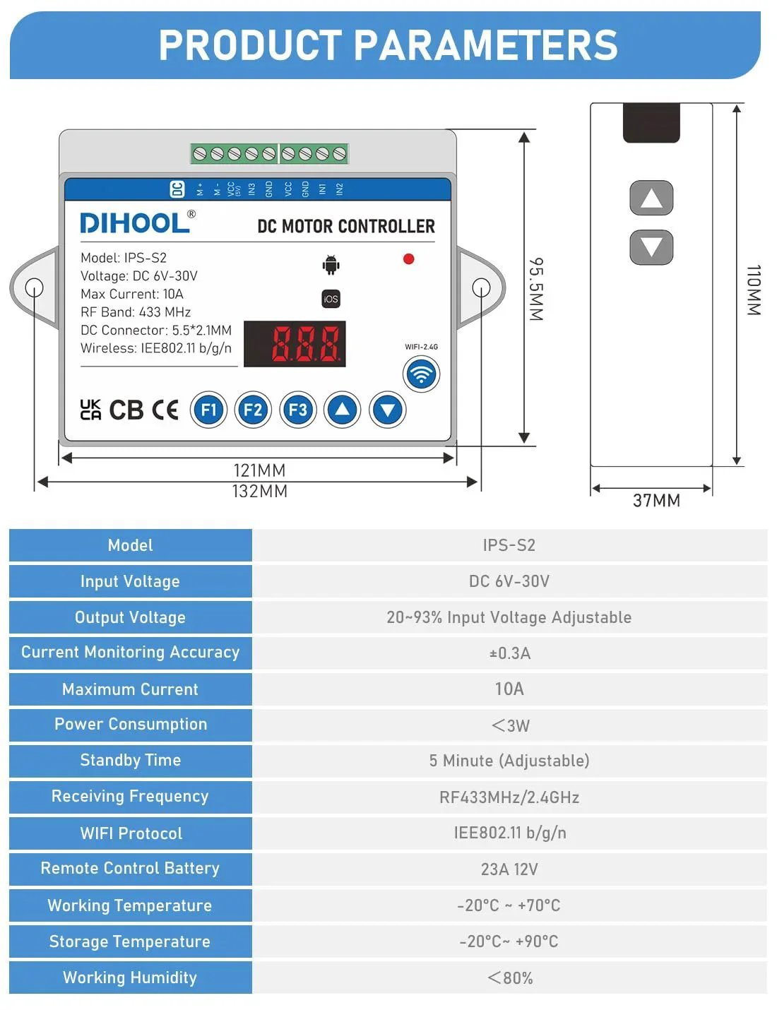 Dimensions and specifications of a Smart Electric Linear Actuator Controller With WiFi And Timer For 12V And 24V DC Motors.