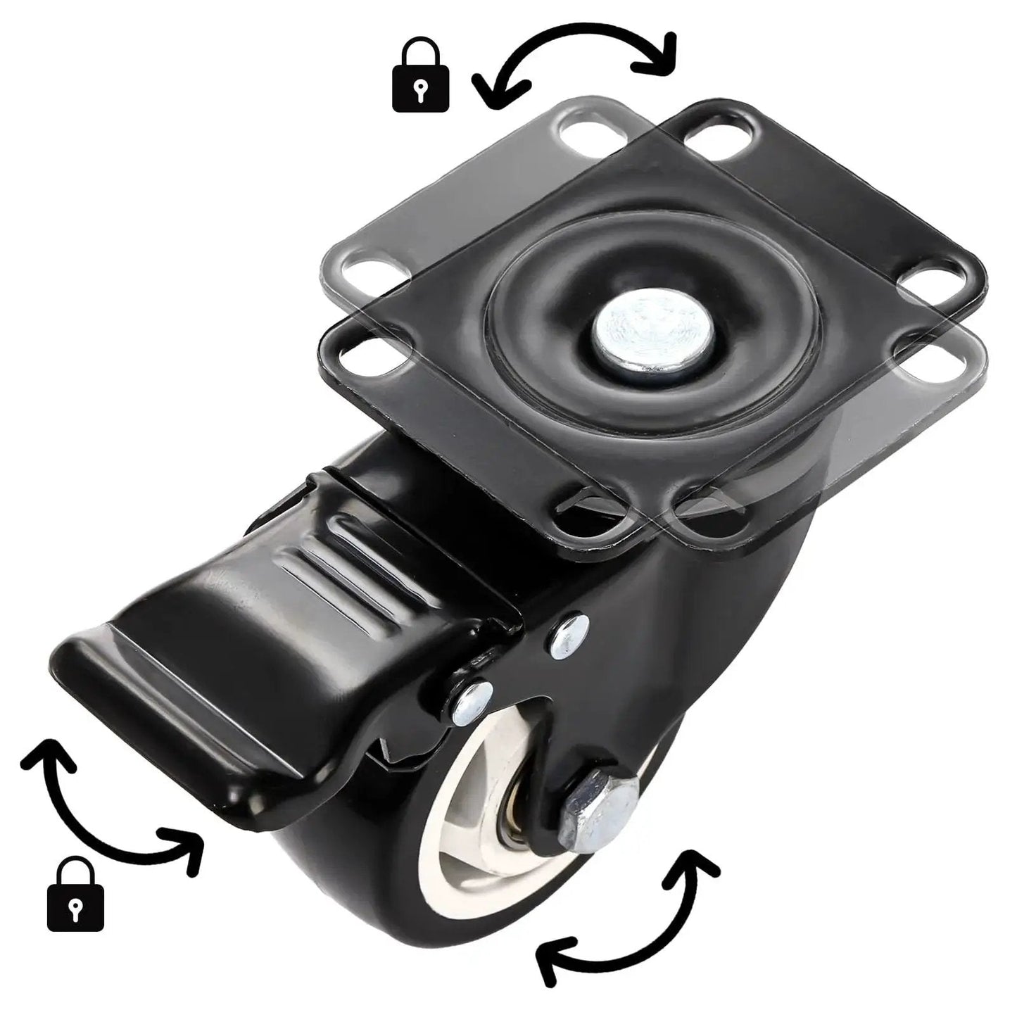 3 inch caster wheel with safety brake and swivel plate for cart, supports 250lbs, total capacity 1000lbs, easy mobility.