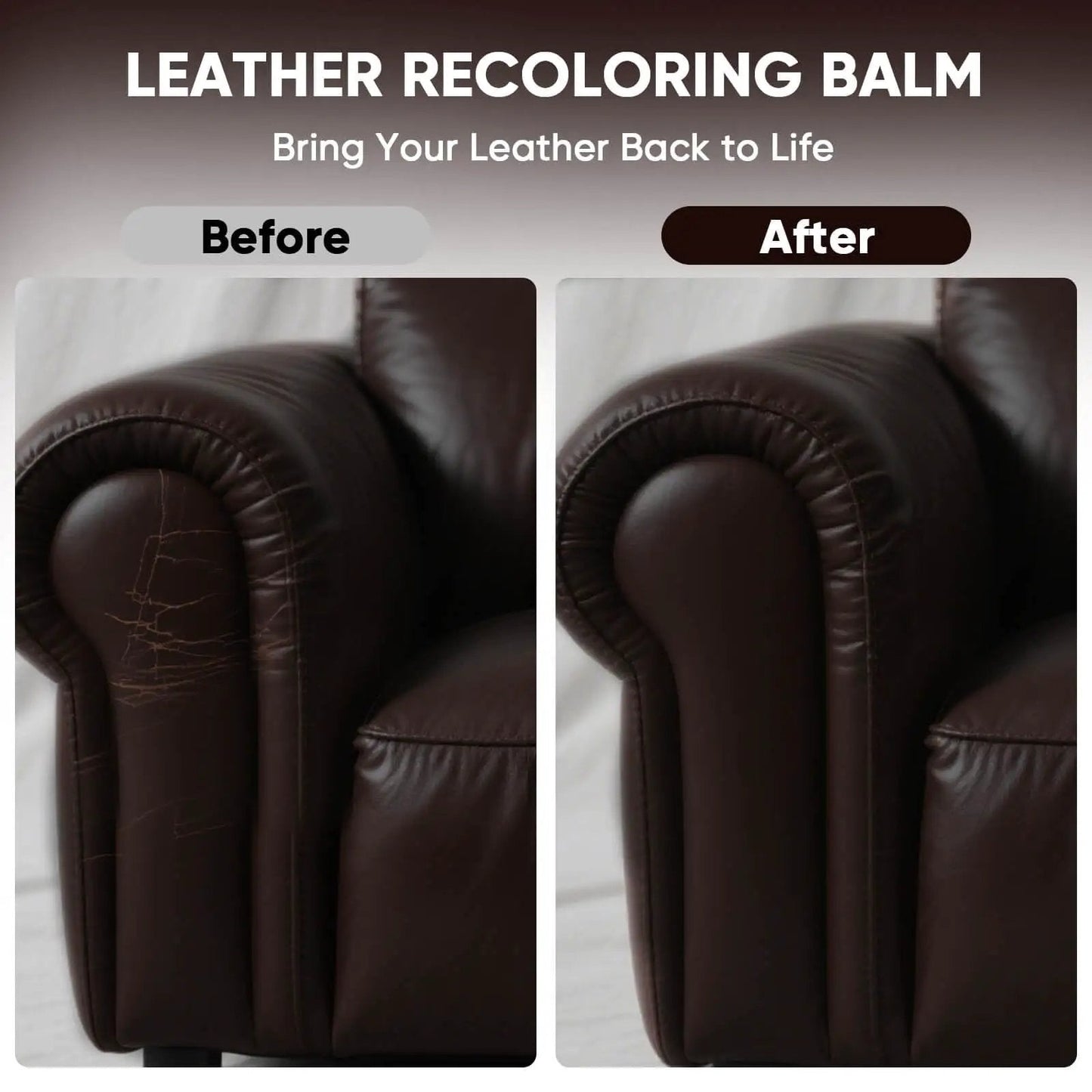 Before and after comparison of leather repair using Dark Brown Leather Recoloring Balm for Scratch Repair and Color Restore, 10 Oz.