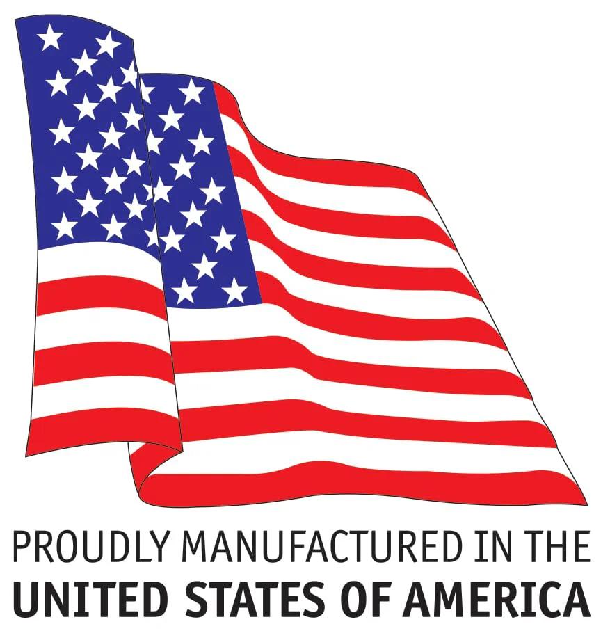Illustration of a waving American flag with text 'Proudly Manufactured in the United States of America' below.