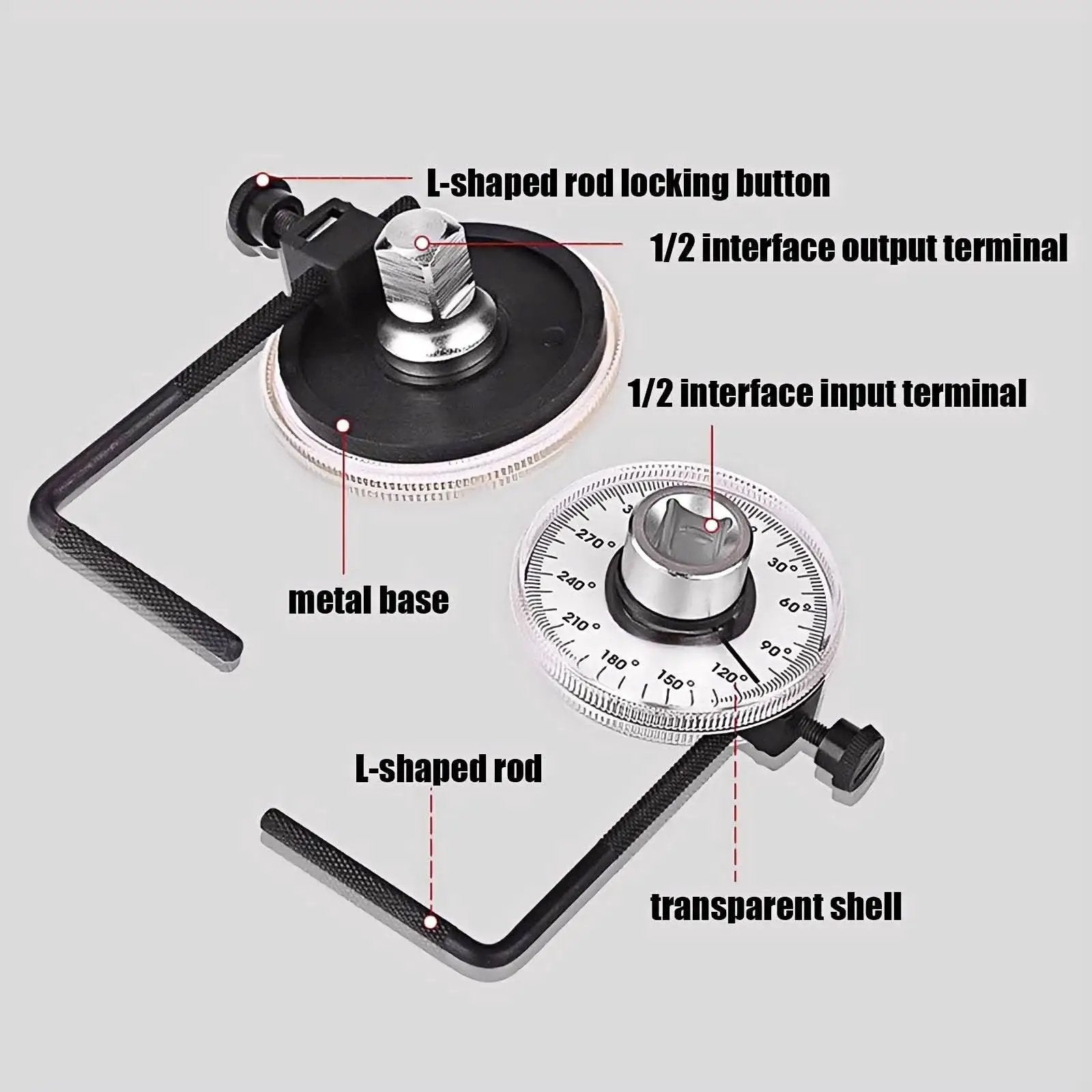 Precision Torque Angle Gauge With 360 Degree Rotation Scale for Automotive Applications, showing components and L-shaped handle.