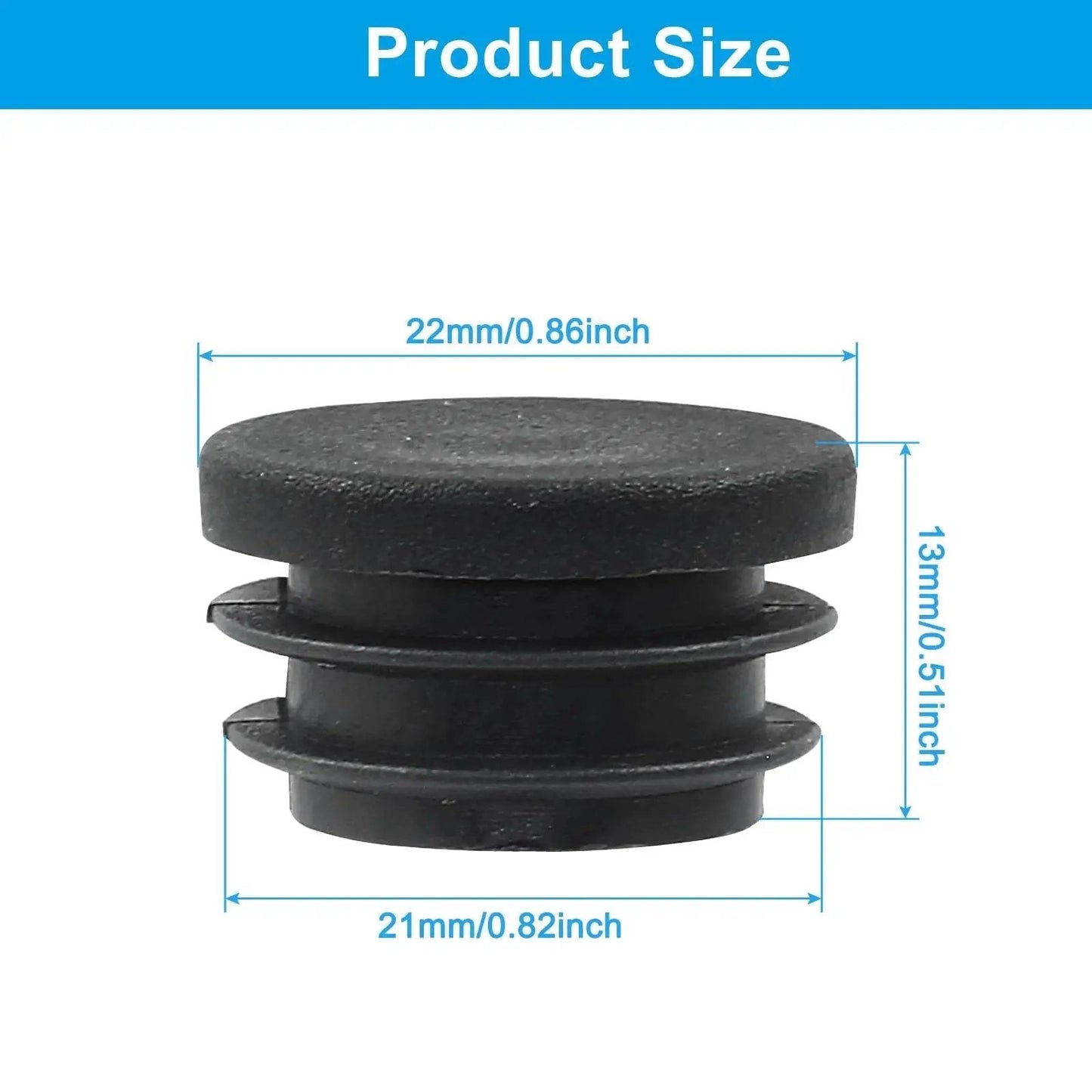 Image showing the dimensions of a round plastic plug end cap from a Twenty Pack Seven Eighths Inch Round Plastic Plug End Caps For Furniture Tubing Fit Inner Diameter 0.78 To 0.82 Inch Black Durable PE Suitable For DIY Projects Home Improvement And Industrial Use.