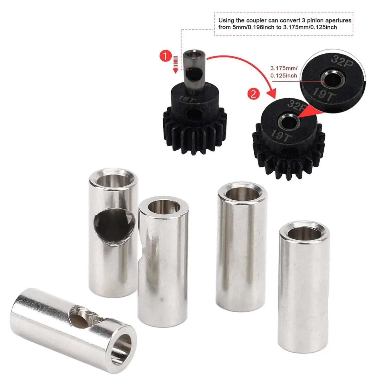 RC Pinion Gear Adapter 3.175mm To 5mm Shaft Reducer Sleeve, stainless steel, adapter set with gears, for 3650 550 540 Motors