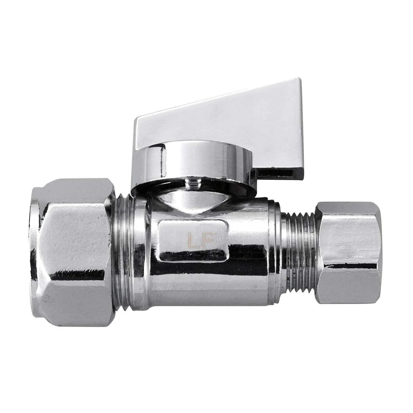 2 Pack Chrome Brass Compression Straight Angle Stop Valves One Half Inch Nominal Inlet Five Eighth Inch OD Compression To Three Eighth Inch OD Compression Quarter Turn Water Shut Off Lead Free close-up