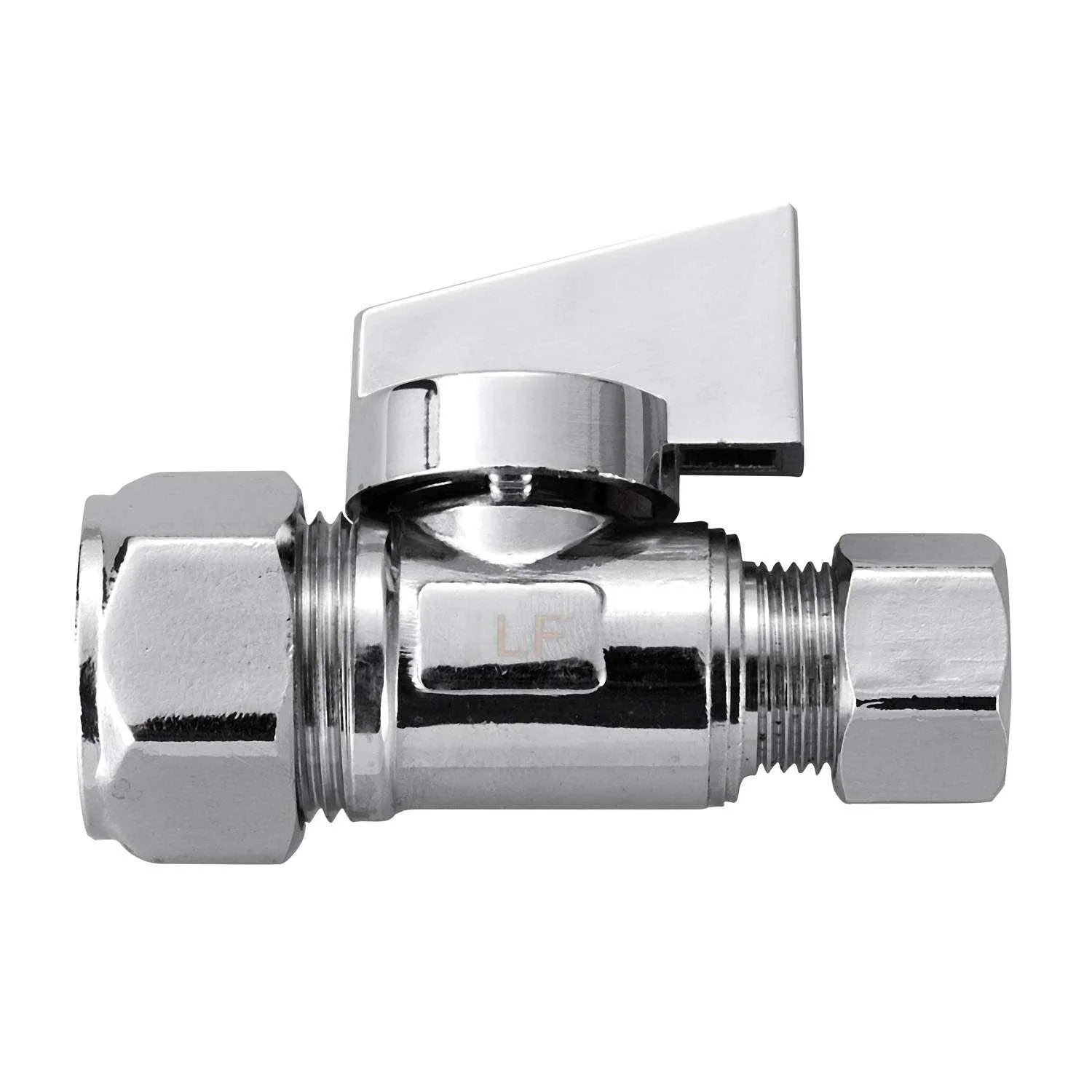 2 Pack Chrome Brass Compression Straight Angle Stop Valves One Half Inch Nominal Inlet Five Eighth Inch OD Compression To Three Eighth Inch OD Compression Quarter Turn Water Shut Off Lead Free close-up
