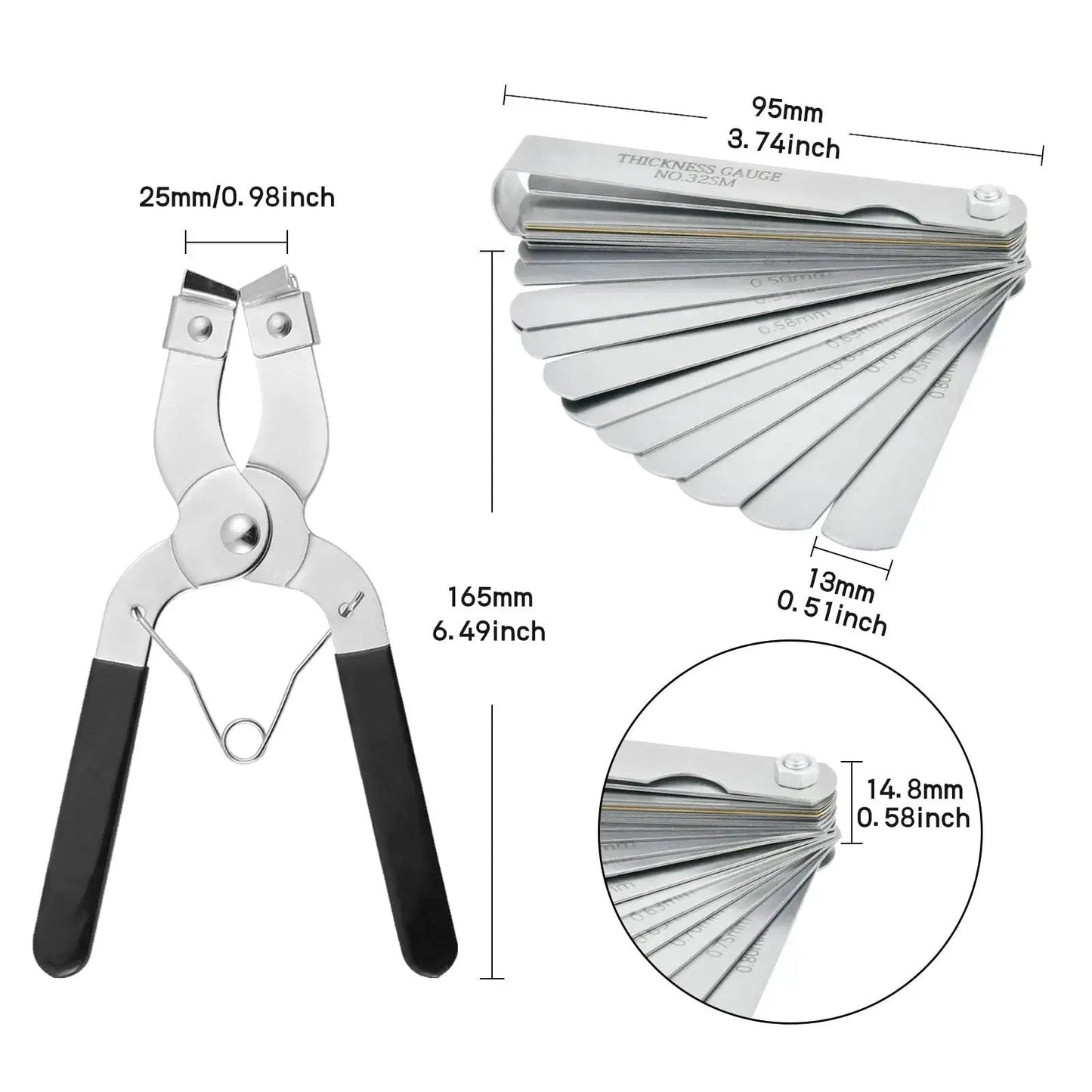 All In One 8 Piece Piston Ring Compressor Kit For Car Engines With Adjustable 3 Inch 4 Inch And 6 Inch Diameters Includes Pliers Hex Keys And Stainless Steel Feeler Gauge For Fast Engine Builds Worldity showing pliers and feeler gauge