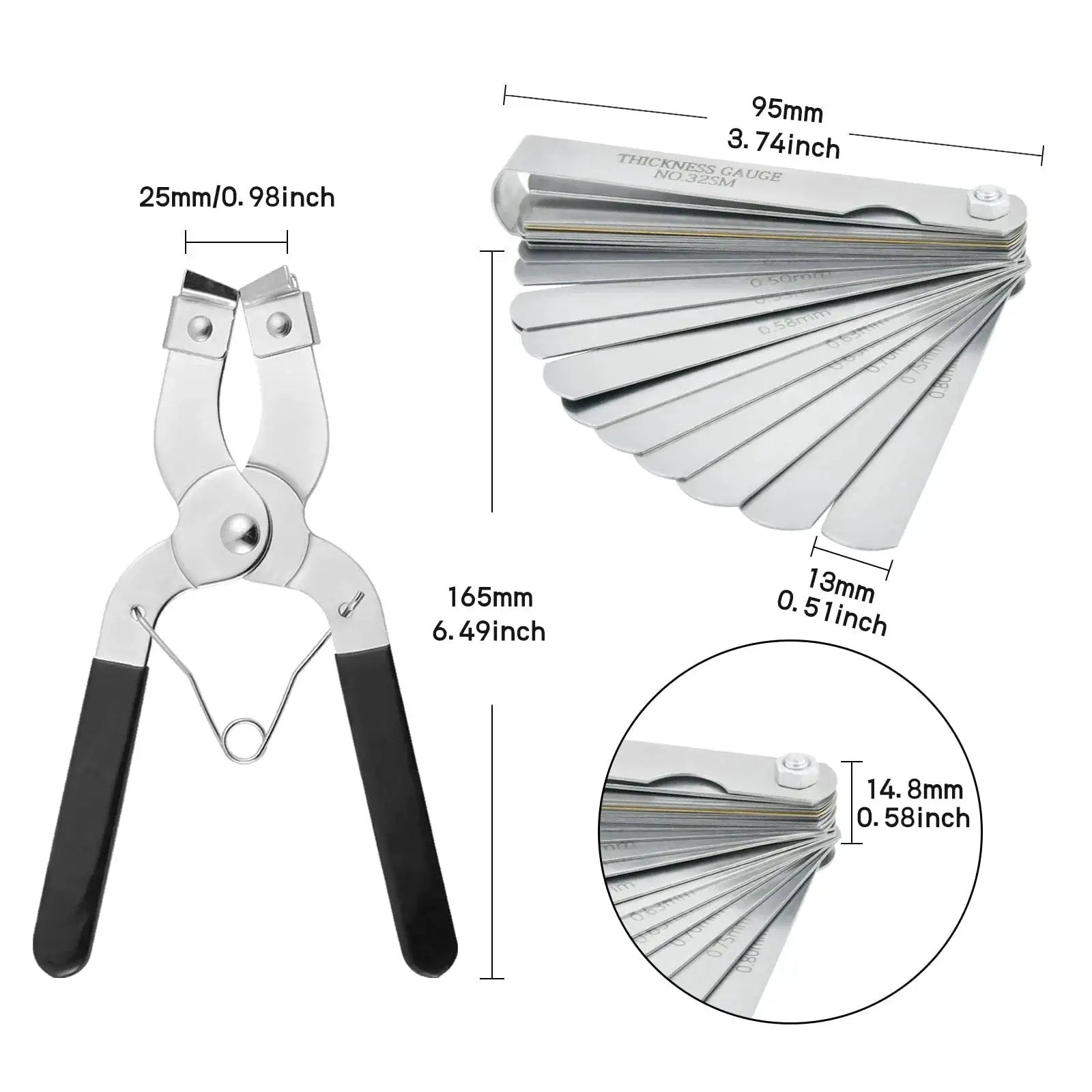 All In One 8 Piece Piston Ring Compressor Kit For Car Engines With Adjustable 3 Inch 4 Inch And 6 Inch Diameters Includes Pliers Hex Keys And Stainless Steel Feeler Gauge For Fast Engine Builds Worldity showing pliers and feeler gauge