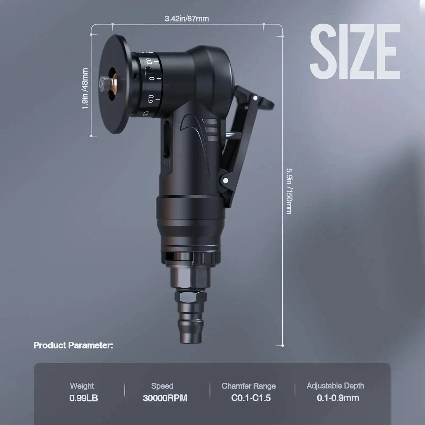 Side view of Mini Pneumatic Chamfering Machine For Metal Beveling Pro Grade Portable Deburring Tool, black with specifications.