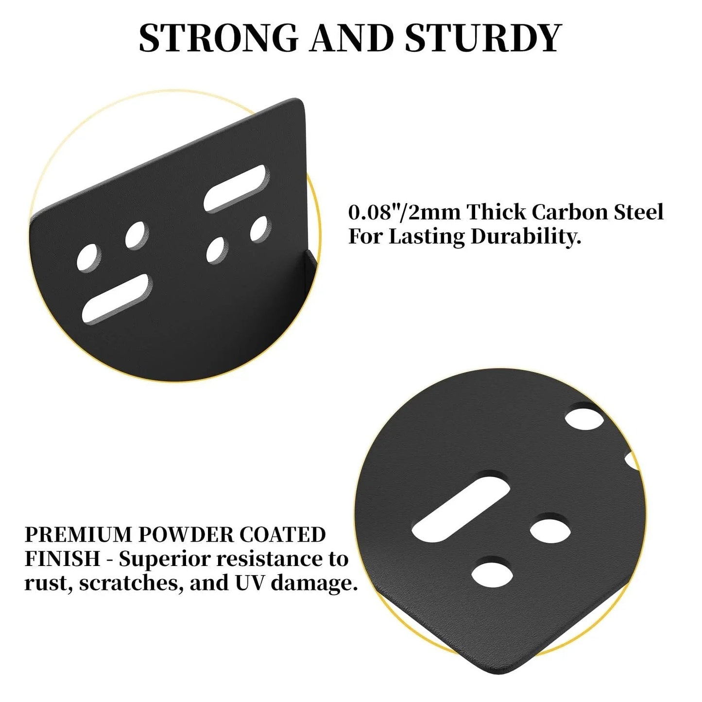 Close-up of black powder-coated steel brackets from Eight Piece Post Base Pergola Bracket Kit Inner Size 3.5 Inch By 3.5 Inch.