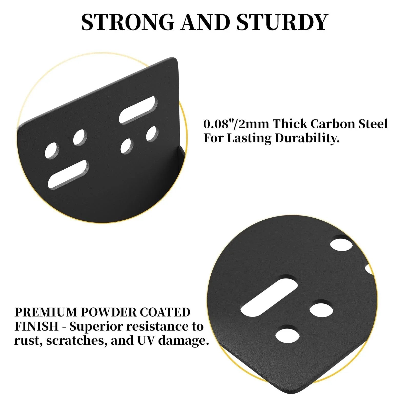 Close-up of black powder-coated steel brackets from Eight Piece Post Base Pergola Bracket Kit Inner Size 3.5 Inch By 3.5 Inch.