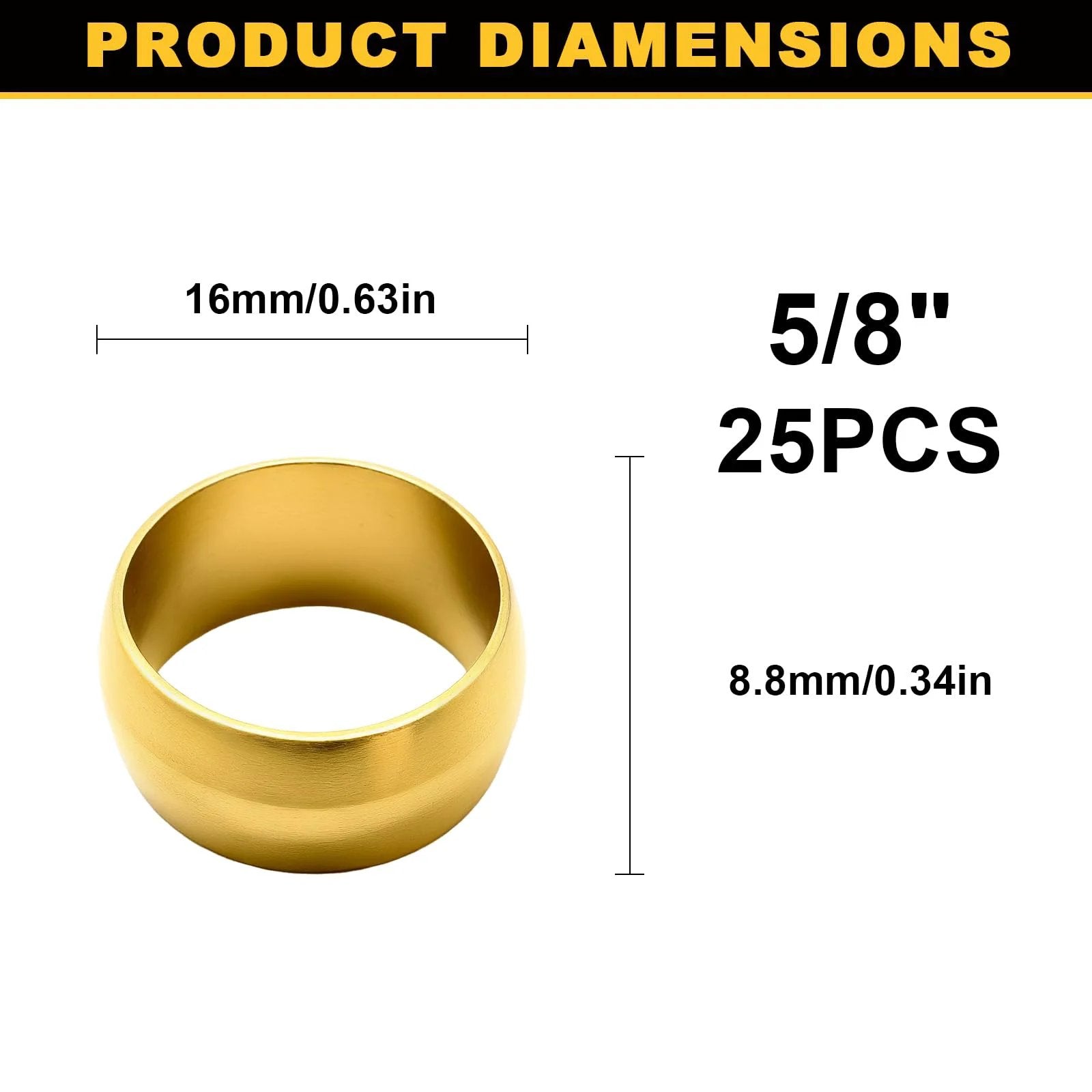 Rugged Brass Compression Sleeves Ferrules For Five Eighths Inch Tube OD Fit For DOT Air Brake Lines Water Fuel Oil Systems