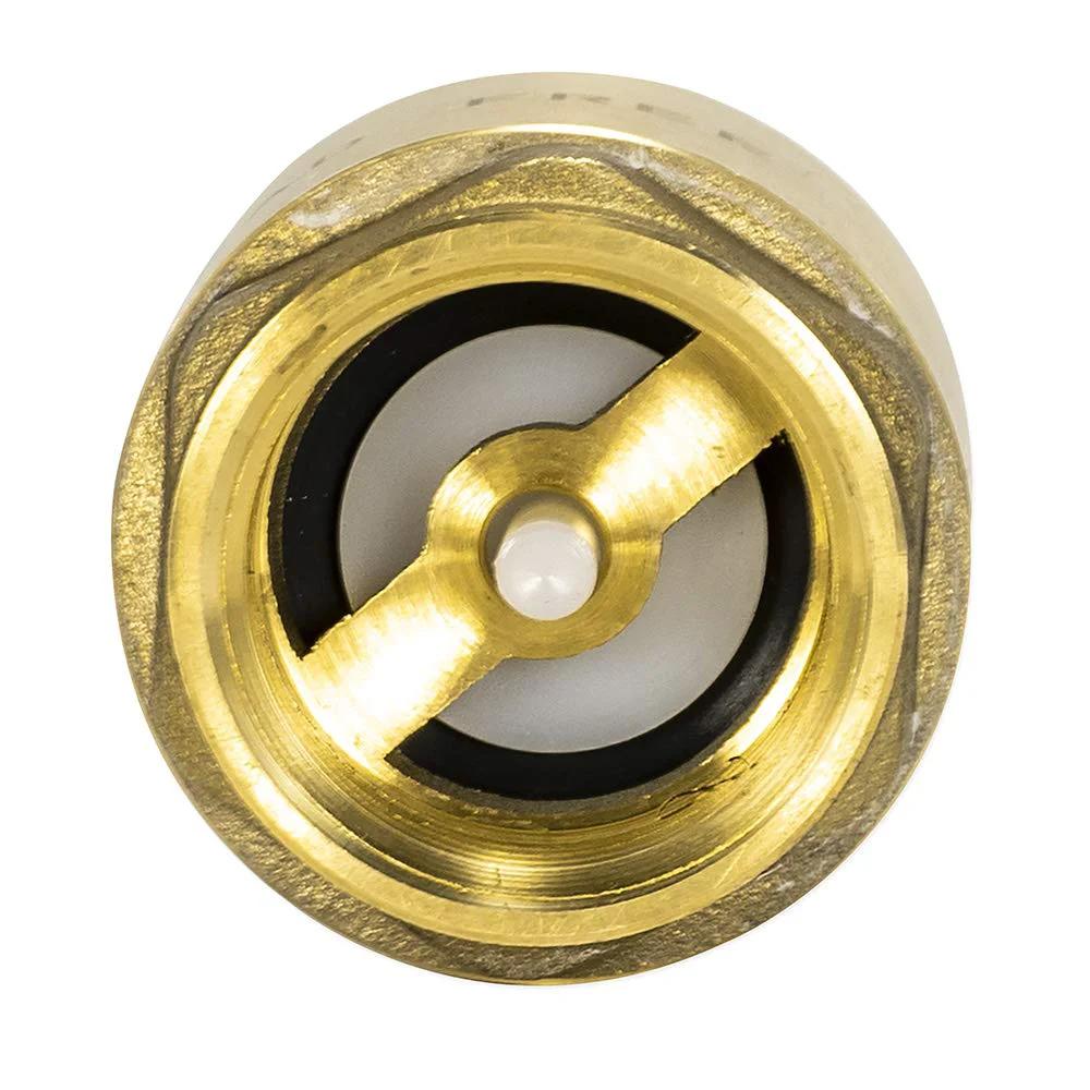 Front view of In Line Check Valve For Water Supply Lines 1 Inch IPS Threaded Connection Brass Body With Stainless Steel Spring For Backflow Prevention And Durable Plumbing Fitting Eastman 20405LF For Residential And Commercial Installations.