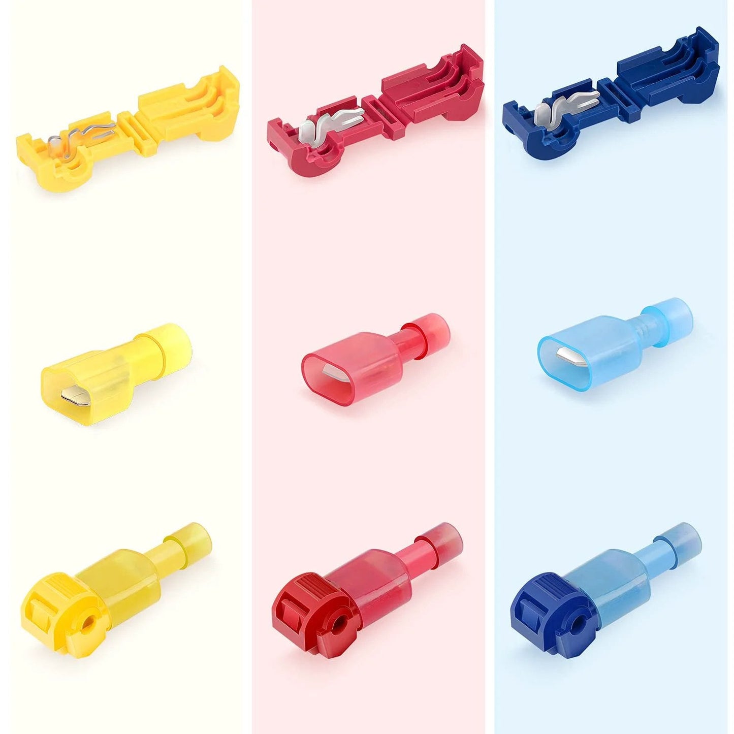 Image of Easy Tap Self Stripping T Tap Wire Terminal Kit With 120 Pcs 60 Pairs Quick Splice Terminals And 60 Nylon Insulated Male Disconnects, showing various colored terminals and connectors.