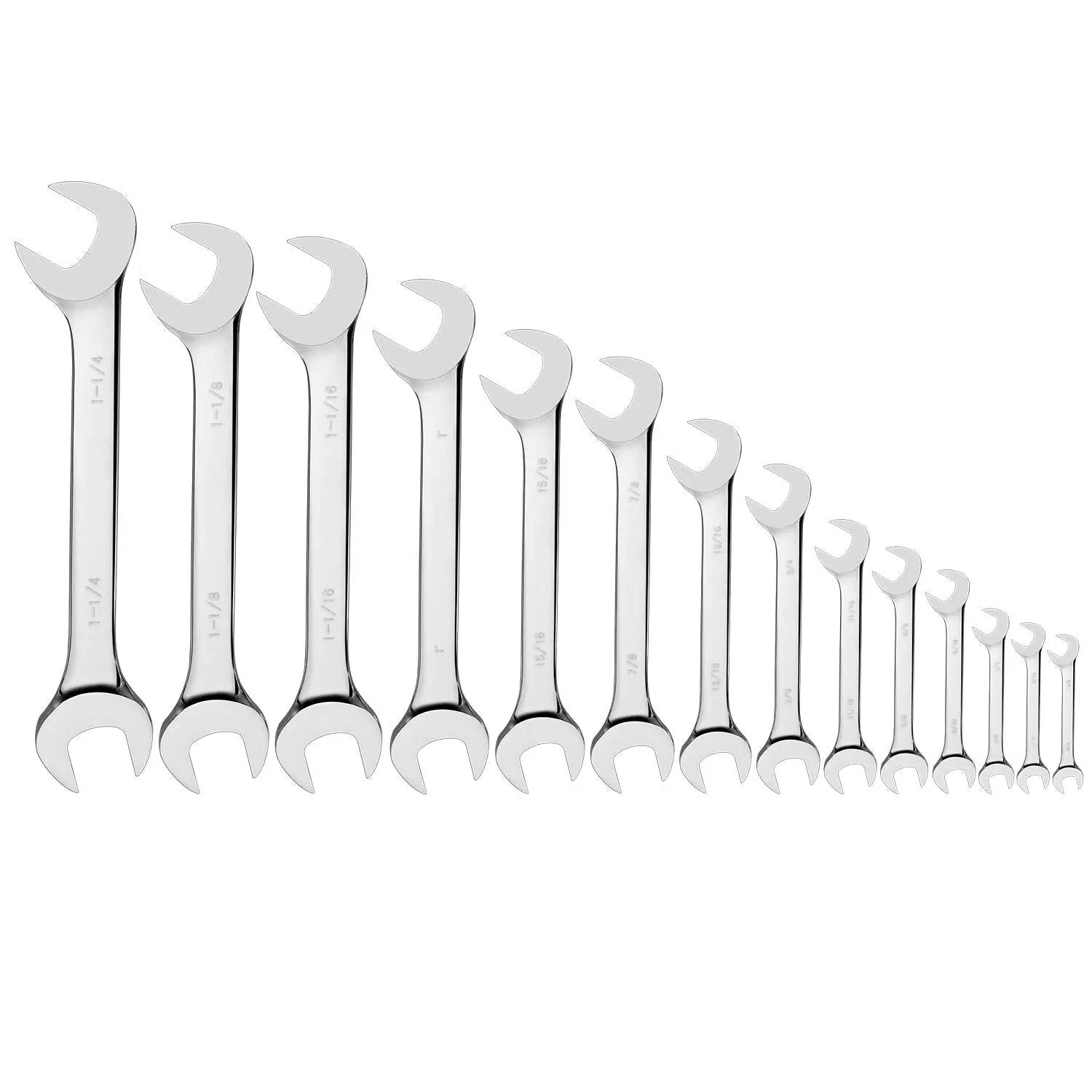 Premium 14 Piece Angle Head Open End Wrench Set In Chrome Vanadium Steel With Rust Resistant Mirror Finish laid out in size order.