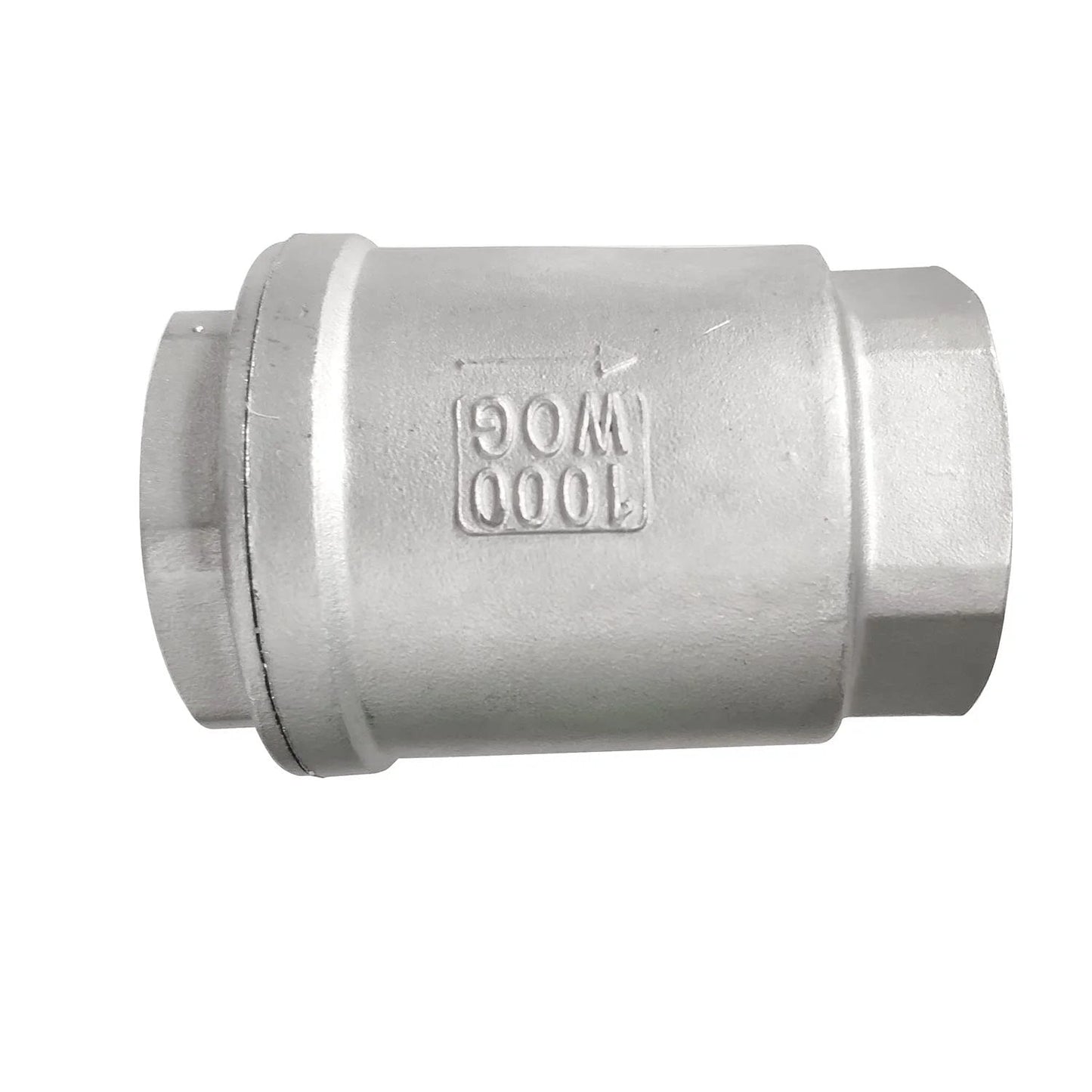 Vertical Heavy Duty Inline Check Valve One And One Half Inch Female NPT Spring Loaded 4.5 PSI Cracking Pressure 304 Stainless Steel CF8M WOG1000.
