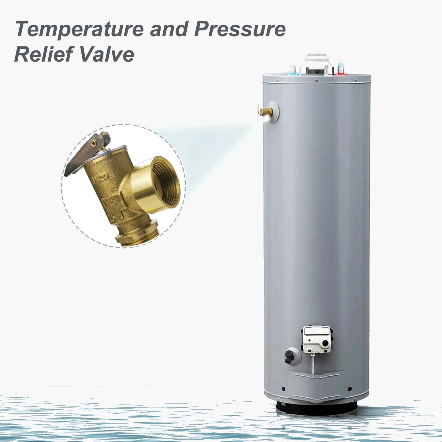 Heavy Duty RV Water Heater Relief Valve With 210 Fahrenheit And 150 PSI Safety Relief thickened brass body beside a water tank