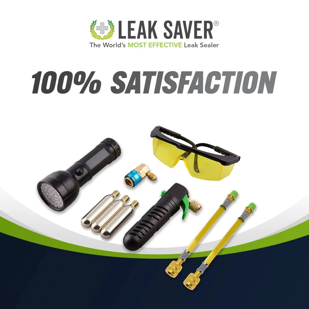 Ultra Bright UV Dye Inject Kit For Quick Leak Detection In Automotive, Home, Marine And Commercial HVAC Refrigeration, Mess Free Dye Injection, Illuminates Brightly At Leaks Made In USA By Leak Saver; includes flashlight, UV glasses, and inject tools.