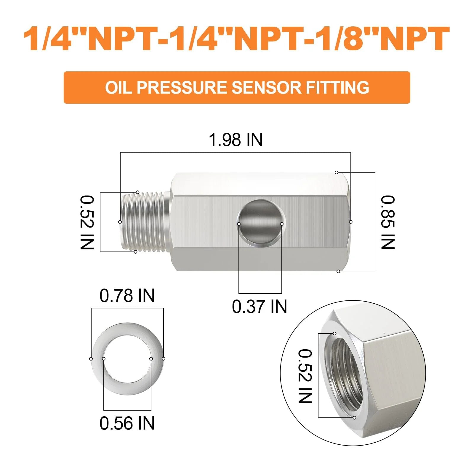 Stainless Steel One Quarter NPT Oil Pressure Sensor Tee Adapter Fitting, One Quarter NPT Female to Male with One Eighth NPT Port