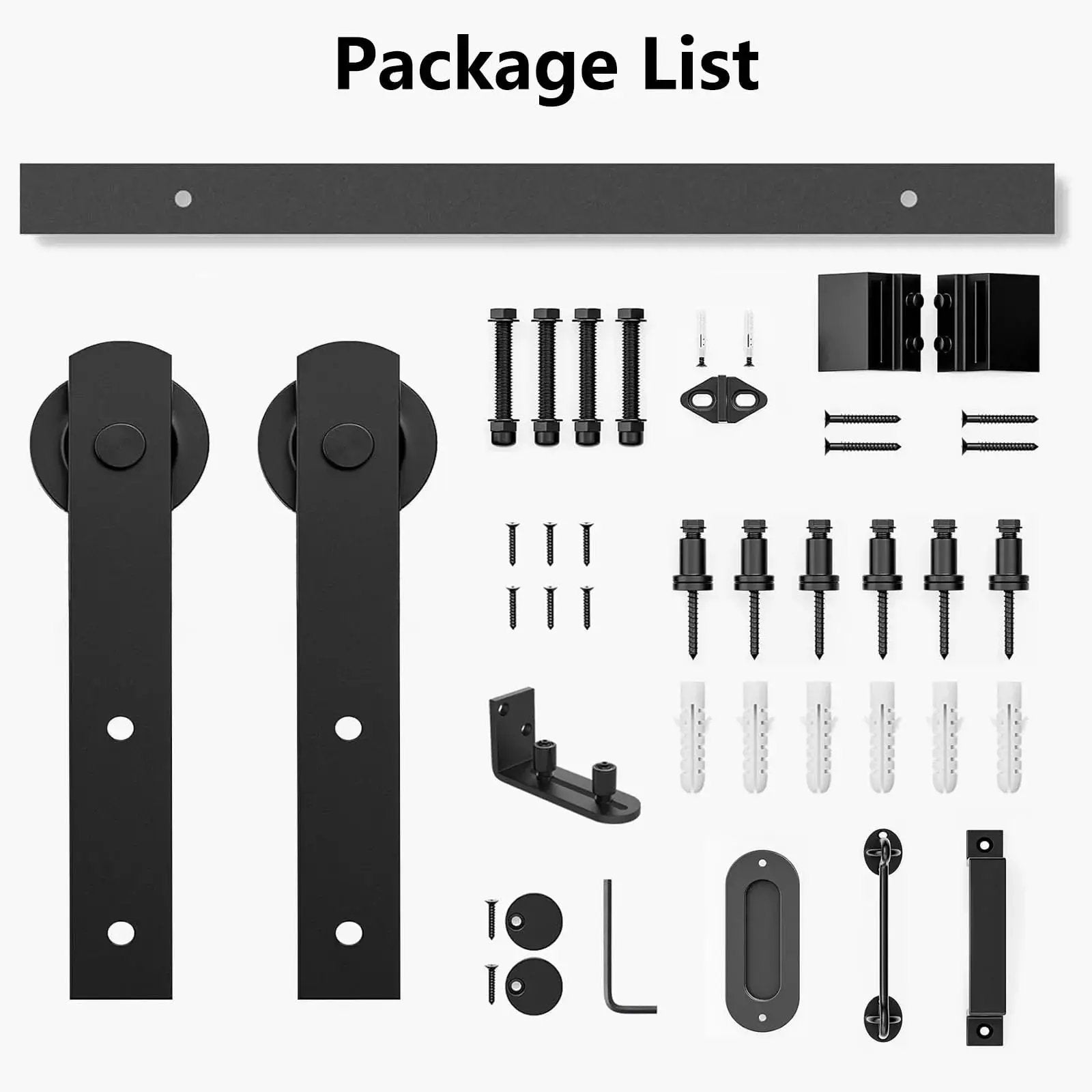 Sliding Barn Door Hardware Kit 6.6 Ft Heavy Duty for Smooth Quiet Operation with rails, rollers, and mounting components shown