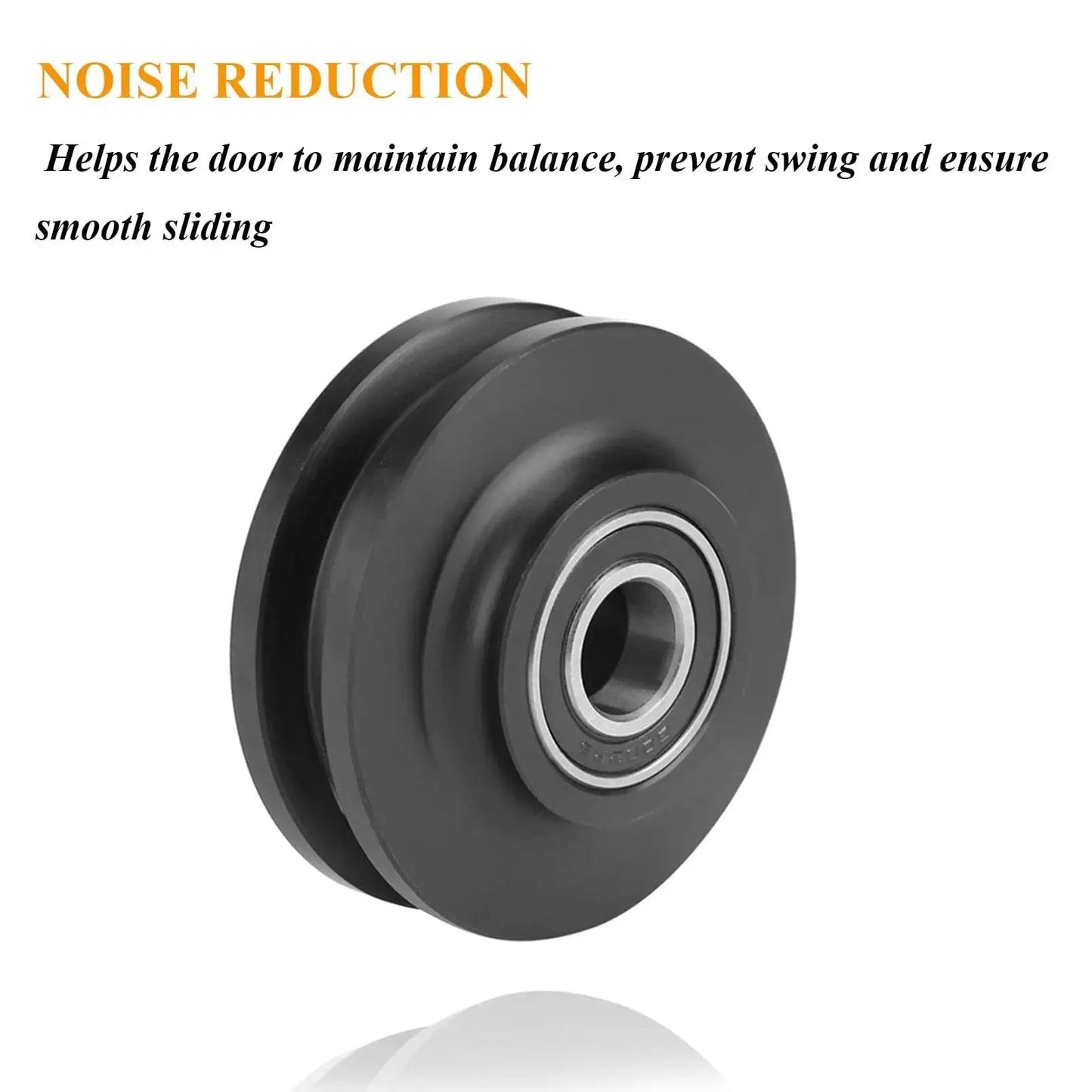 Close-up of a Heavy Duty Sliding Barn Door Wheel Set for Cabinets and Windows, featuring a noise-reduction pulley design.
