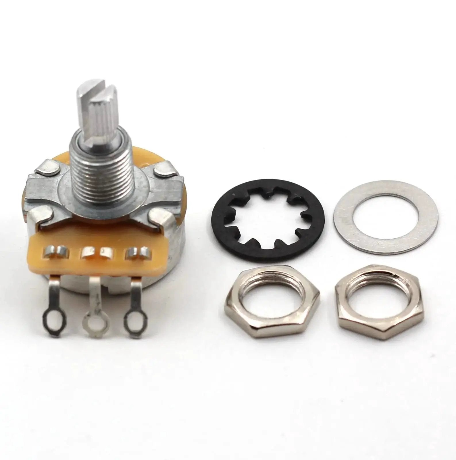 Audio Taper CTS 500k Guitar Potentiometer Kit, Set of 4 Split Shaft Replacement, 3/8 Inch Threaded Bushing, components visible