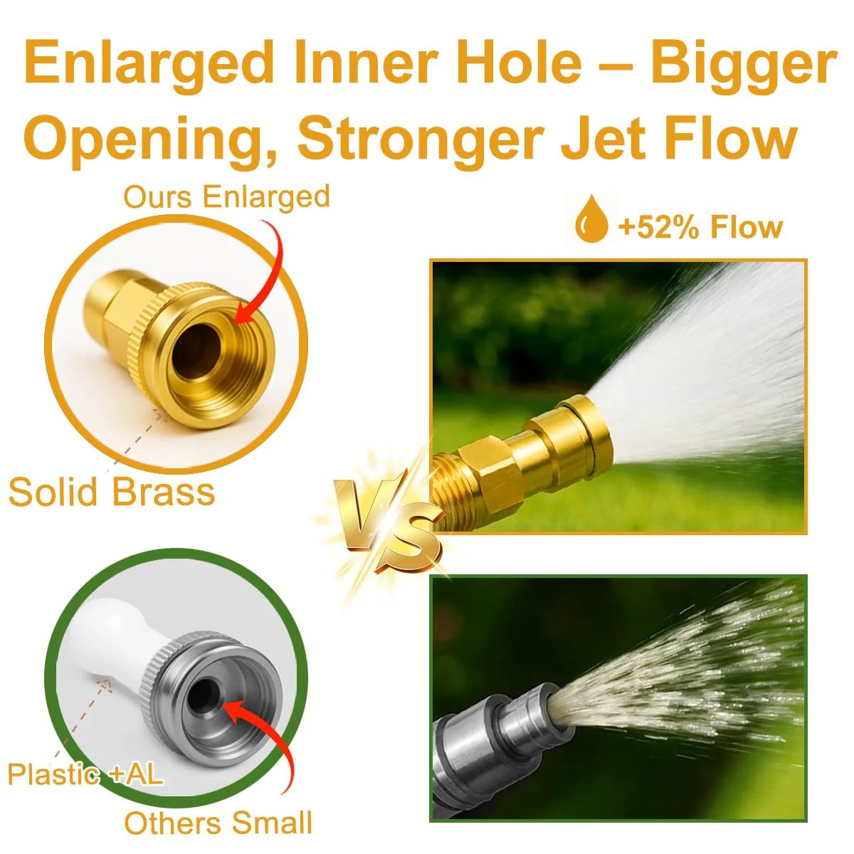 Comparison of 25ft Lightweight Flexible Garden Hose Non Kink With Solid Brass Fittings and smaller plastic hose showing enhanced flow
