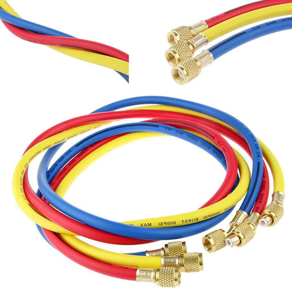 72 Inch HVAC Manifold Gauge Hoses Set Three Pack With Brass Connectors For R134A R12 R22 R502 Refrigerants Ideal For AC System Charging And Testing