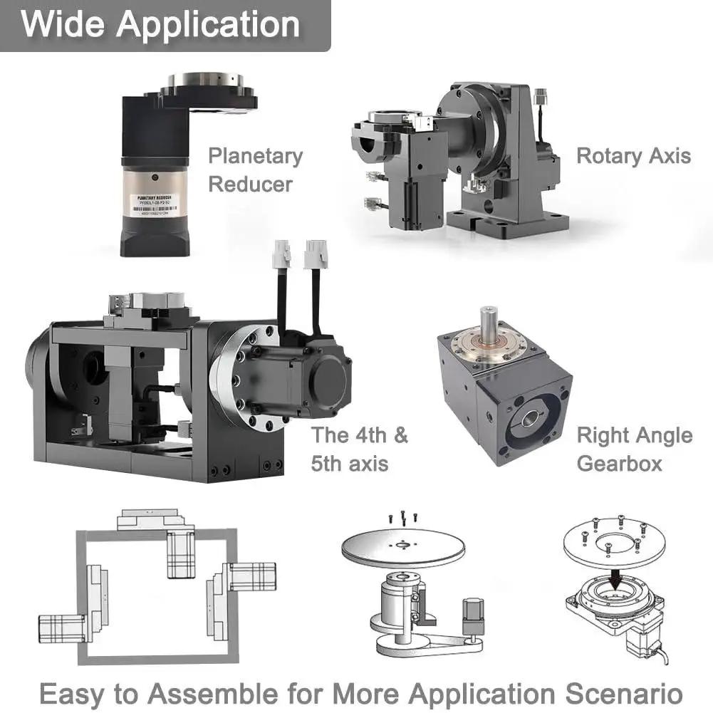 Variety of industrial automation components, including rotary axis and right angle gearbox, for wide application and assembly scenarios.
