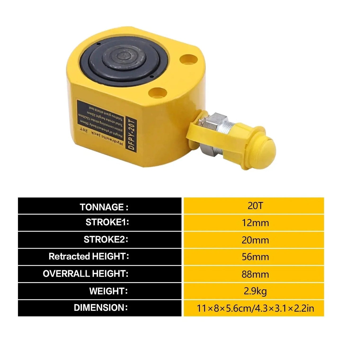 20 Ton Manual Hydraulic Jack Low Profile With Multi Section Lift For Cars, yellow body with specifications label