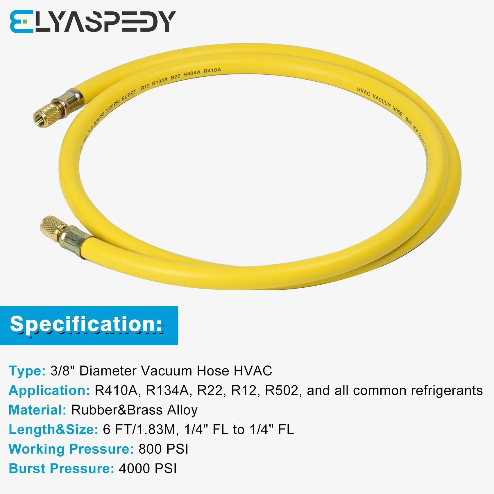 Upgrade Three Eighths Inch Refrigerant Hose With One Quarter Inch Flare Fittings Vacuum Certified Six Feet Long 800 PSI Working Pressure For R410A And All Common Refrigerants Yellow.