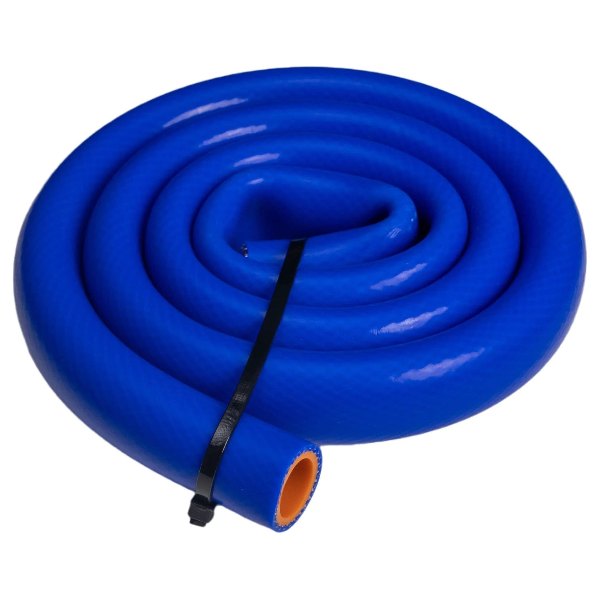Coiled silicone heater hose blue reinforced for high temp auto engine use, 3/4 in ID by 5 ft, handles water and air transfer