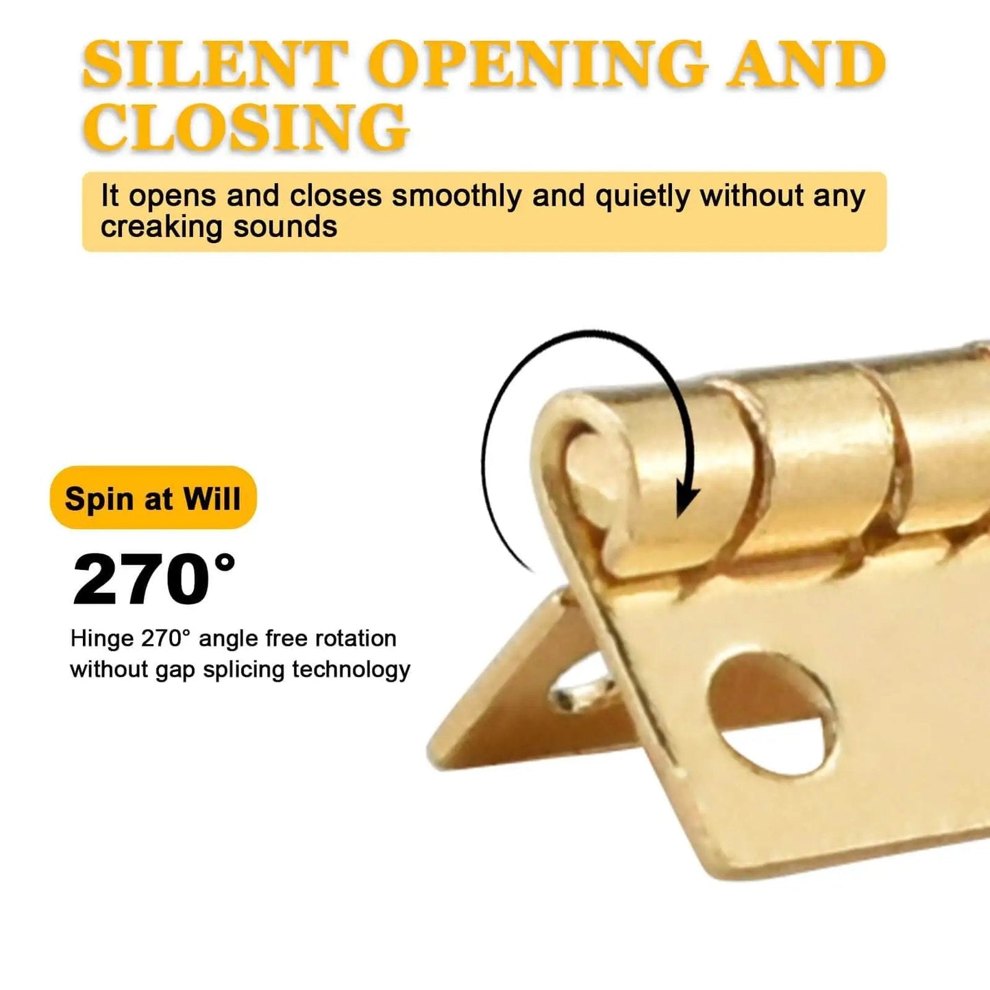 ZIUZI 60Pcs Mini Hinges, 270 Degree Rotation Miniature Furniture Hardware shown at 270-degree rotation highlighting silent operation