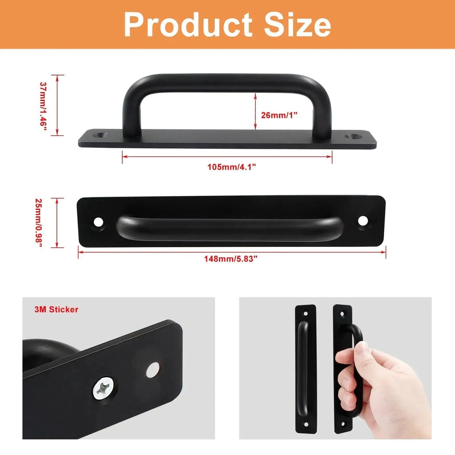 12 Pieces Aluminum Alloy Barn Door Handles 148mm 5.8 Inch Sliding Pulls For Cabinets Closets Drawers Black Finish Durable Rustproof Corrosion Resistant Hardware Ideal For Home Improvement And Interior Doors dimensions showing size and usage demonstration.